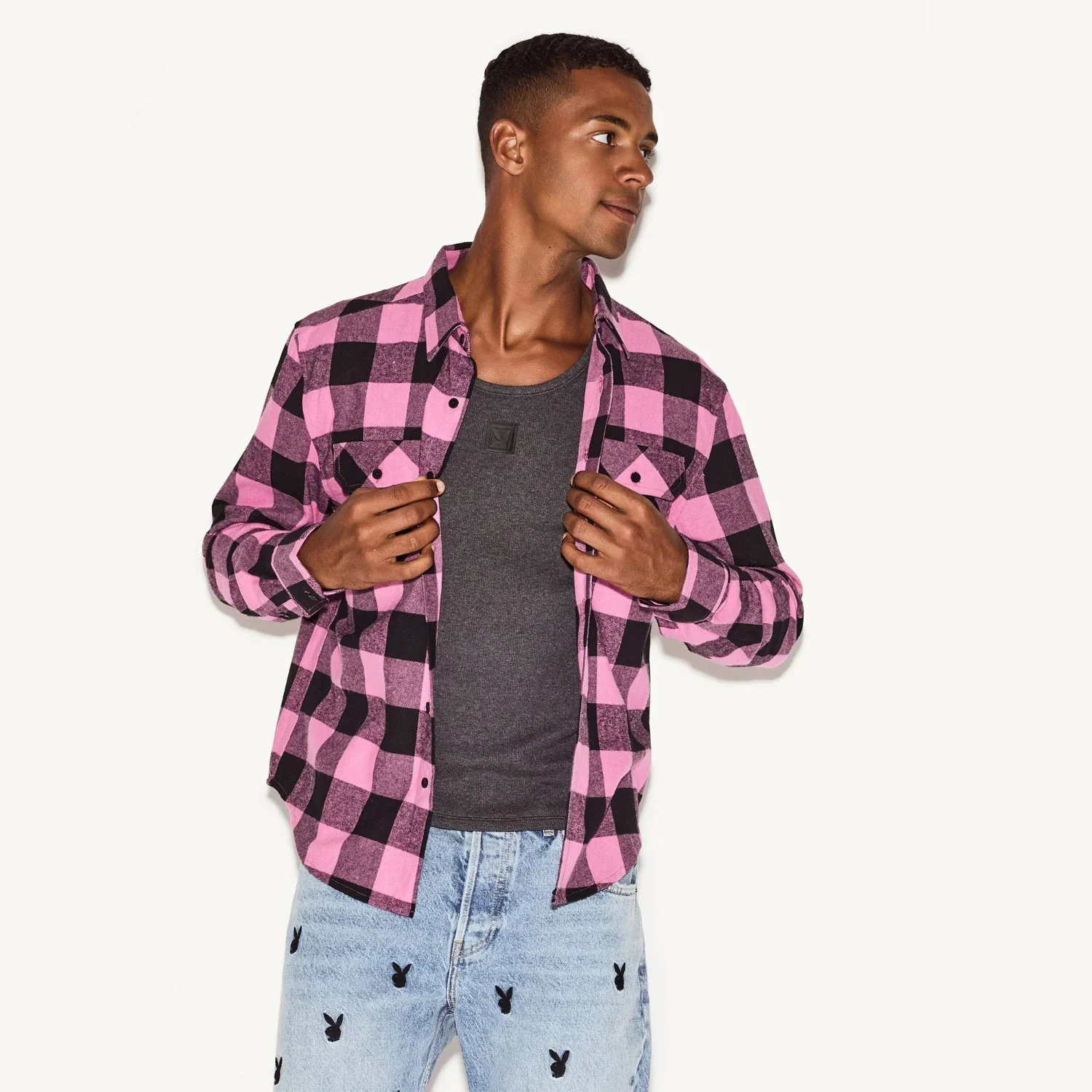 Playboy Men's Pink Flannel Long Sleeve Shirt - Image 4