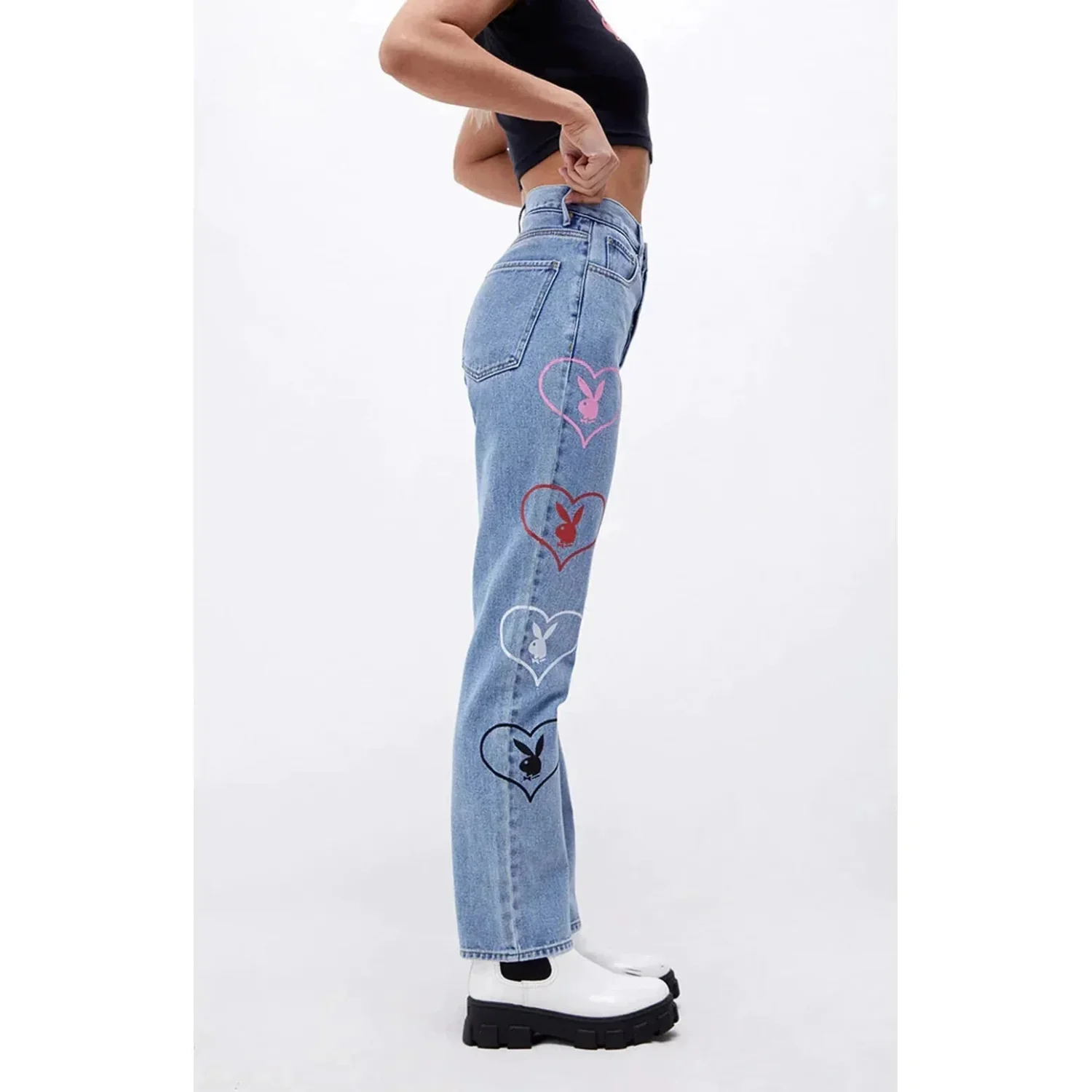 Playboy Women's Baggy Bunny Heart Denim Pants Amore - Image 4